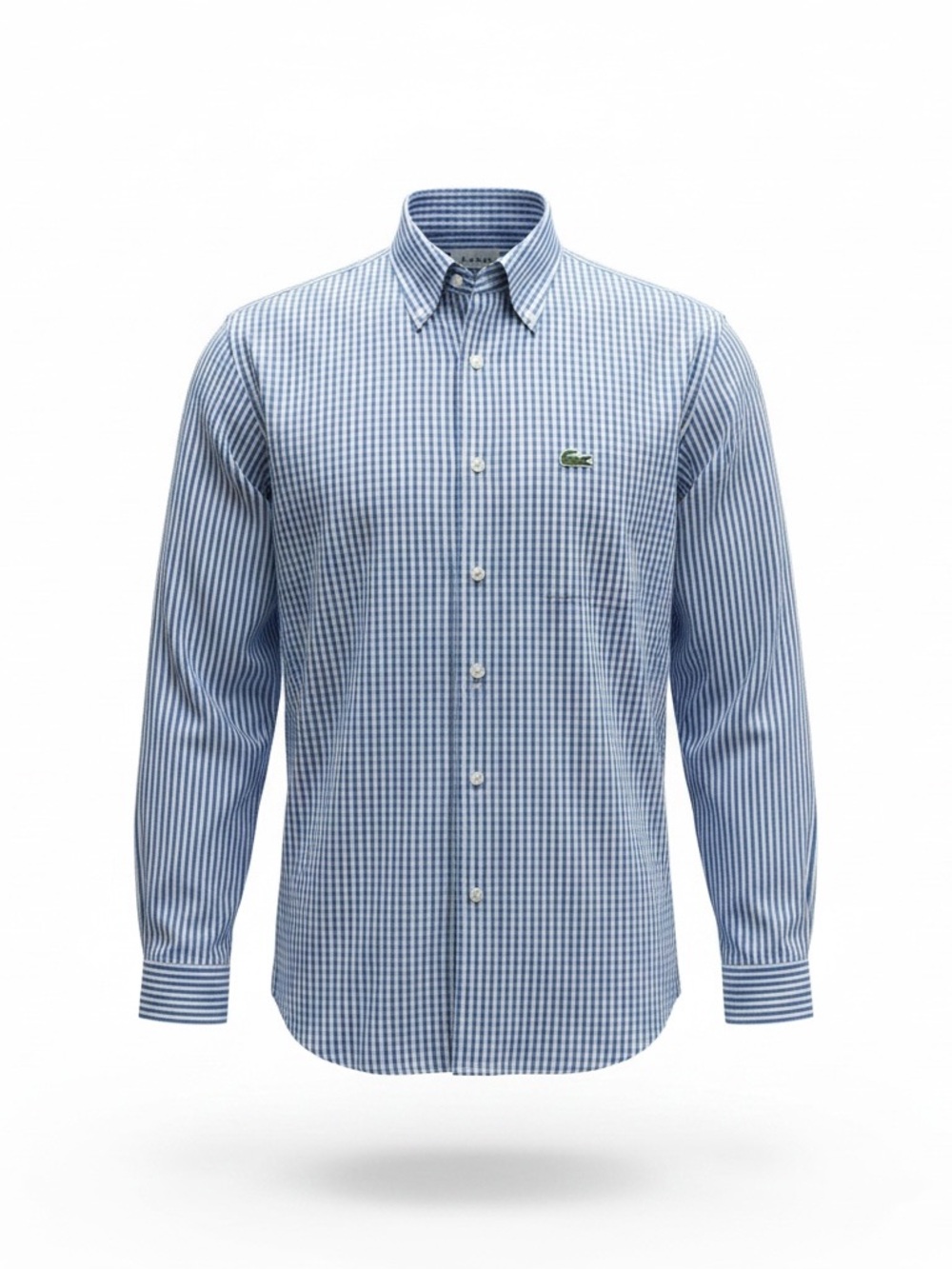 Lacoste Men’s Small Slim Fit Blue White Gingham Long Sleeve Button Up Shirt